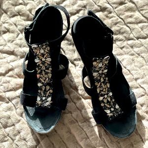 Stylish leather wedges ,velcro strap, embellished with gem details.